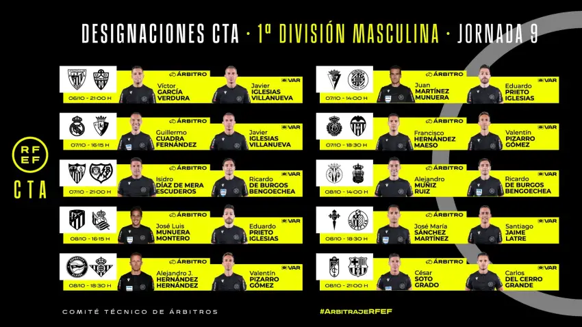 Designaciones arbitrales jornada 9 de primera división