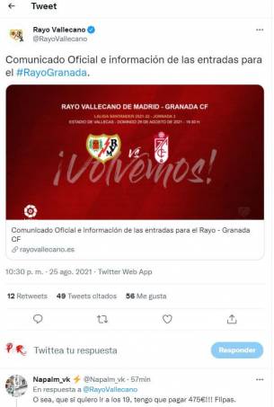 La afición responde en Twitter a la propuesta del Rayo de cobrar 25 €