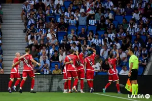 Celebración de los jugadores del Rayo Vallecano contra la Real Sociedad