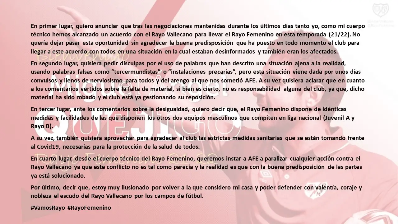 Quejigo pide a AFE que paralice «cualquier acción contra el Rayo Vallecano»