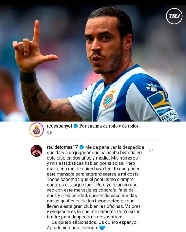 Raúl de Tomás responde con contundencia al mensaje de despedida del Espanyol