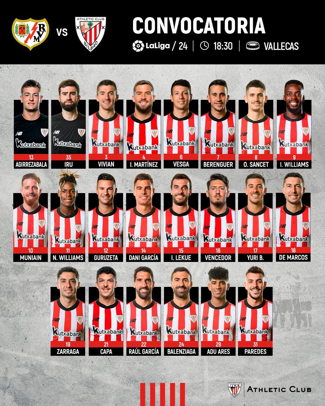 Convocatoria del Athletic Club para enfrentarse al Rayo Vallecano