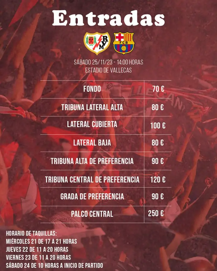 El Rayo – Barcelona costará entre 70 y 250 euros