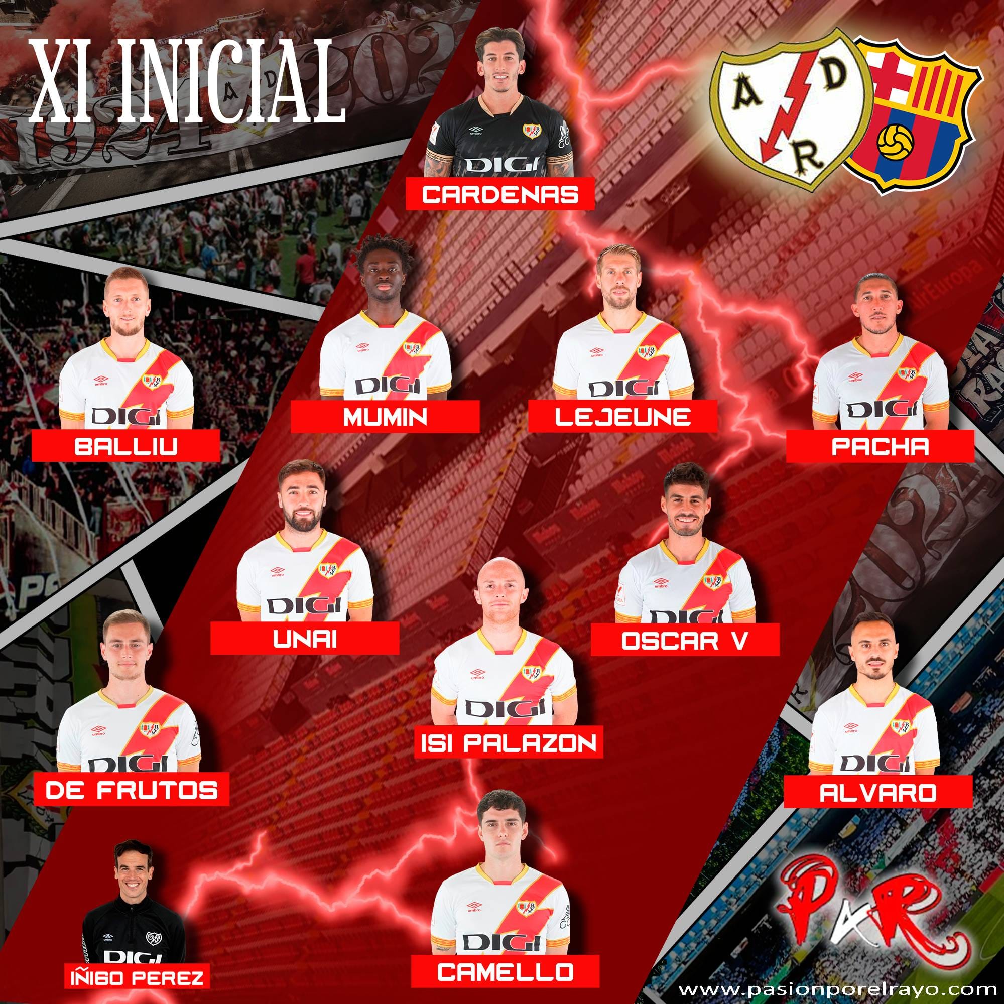 Once titular del Rayo Vallecano contra el Barcelona