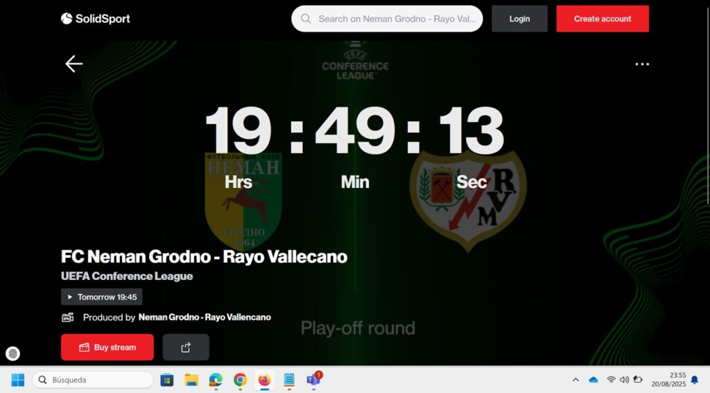 Pantallazo emisión Solid Sport Neman Grodno - Rayo Vallecano