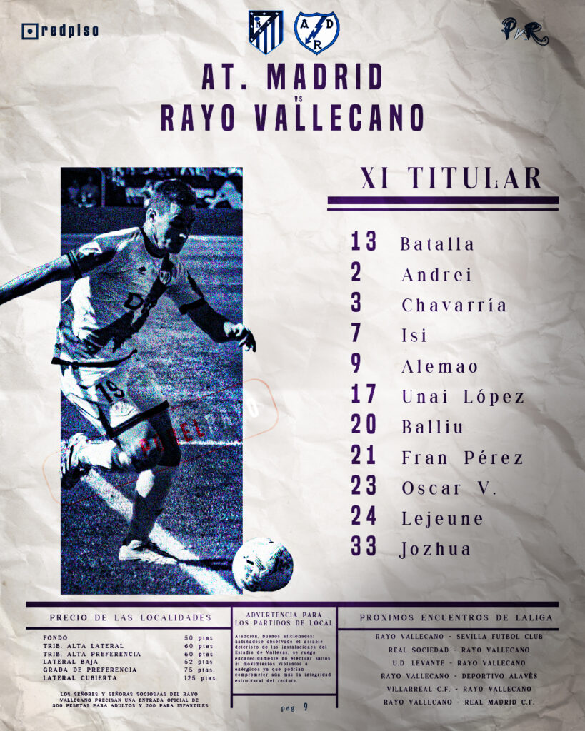 11 titular Rayo Vallecano contra Atlético de Madrid