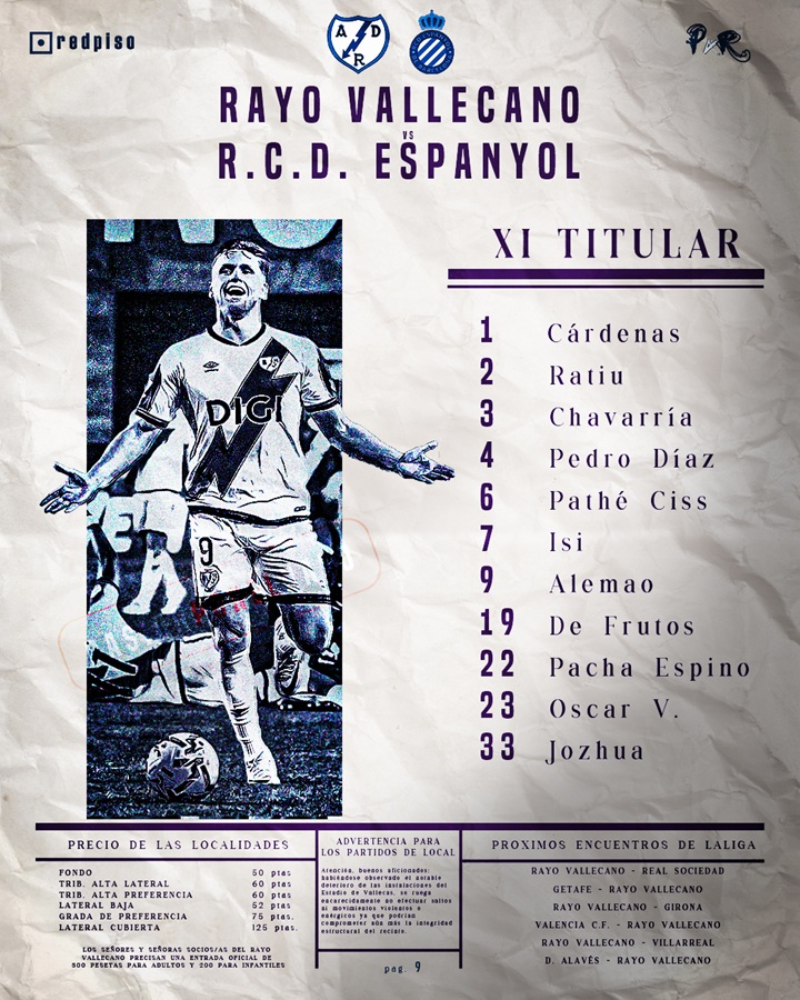 Alineación titular Rayo Vallecano contra Espanyol (c) Pasión por el Rayo