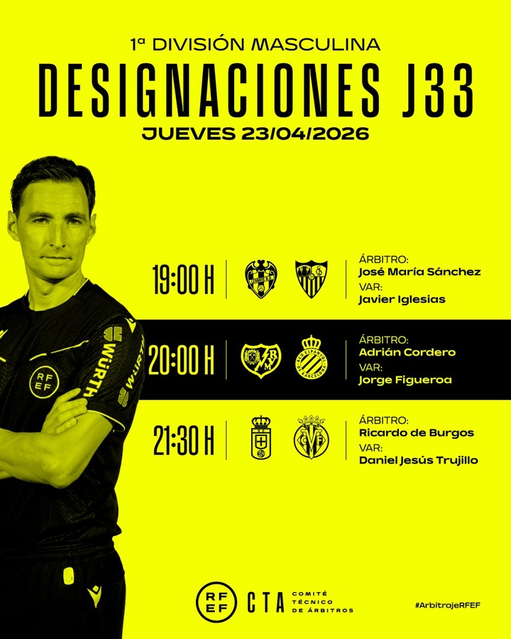Cartel árbitros Rayo Vallecano - Espanyol jornada 33 (c) RFEF