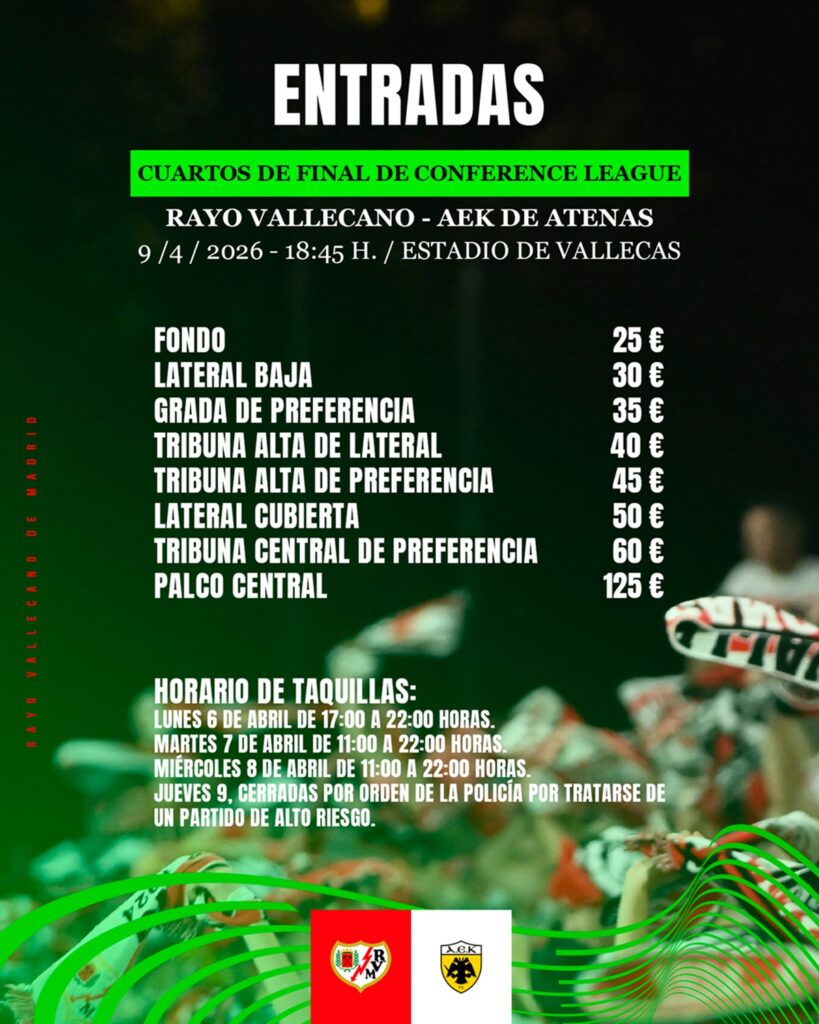 Entradas Rayo Vallecano - AEK de Atenas (cuartos de final Conference League) 3 Cartel entradas Rayo Vallecano - AEK de Atenas