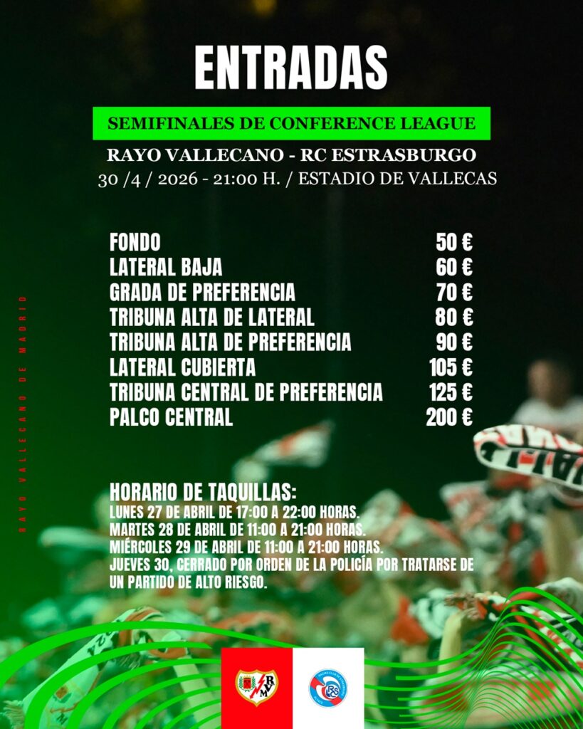 Entradas para el Rayo Vallecano - Estrasburgo: Precios entre 50 y 200 euros 2 Cartel de entradas del Rayo Vallecano - Estrasburgo