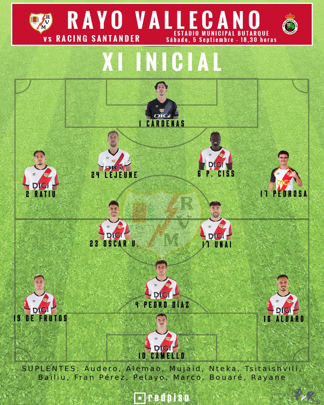 Alineación titular del Rayo Vallecano contra el Racing de Santander 2 ALINEACION INICIAL RAYO2 1 1